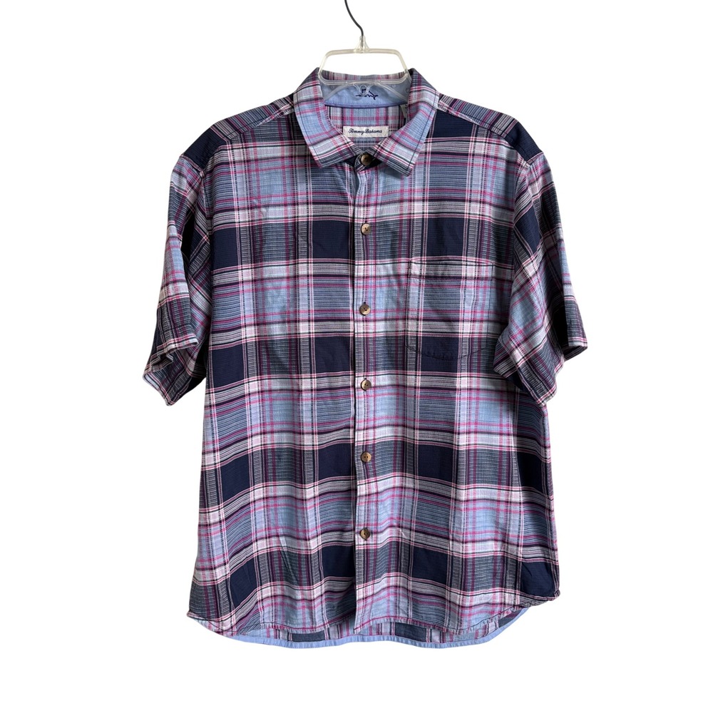 Tommy Bahama Mens Large Silk Cotton Plaid Button Camp Shirt Blue Pink Coastal